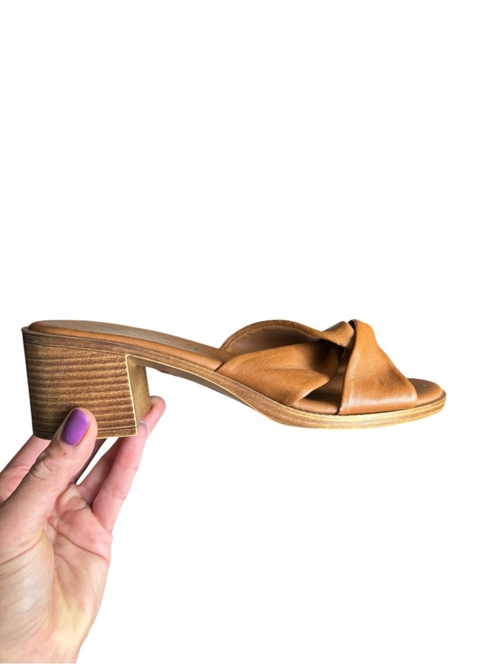 Mila Paoli Italy Brown Leather Knot Block Heel Slide Sandals 7.5 Quiet Luxury